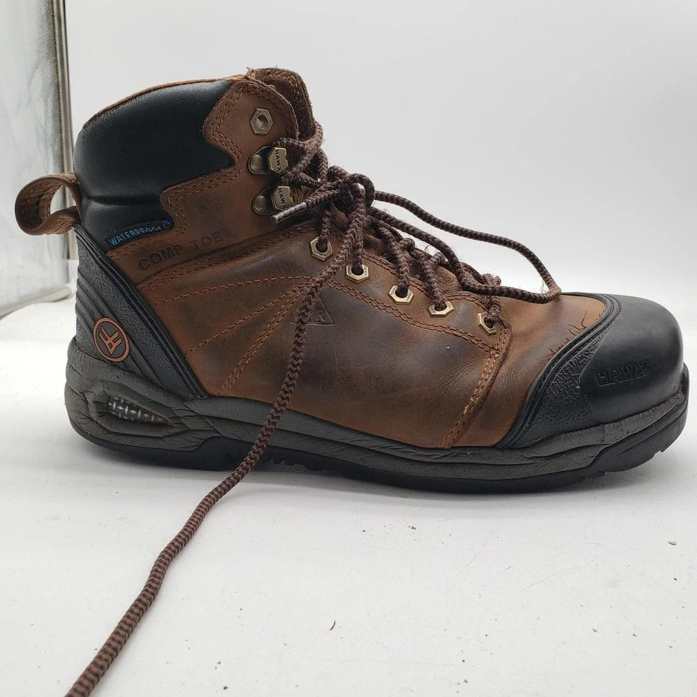 HAWX Boots Mens Size 9.5D‎ Brown Leather Waterproof Comp Toe Work Safety Boots
